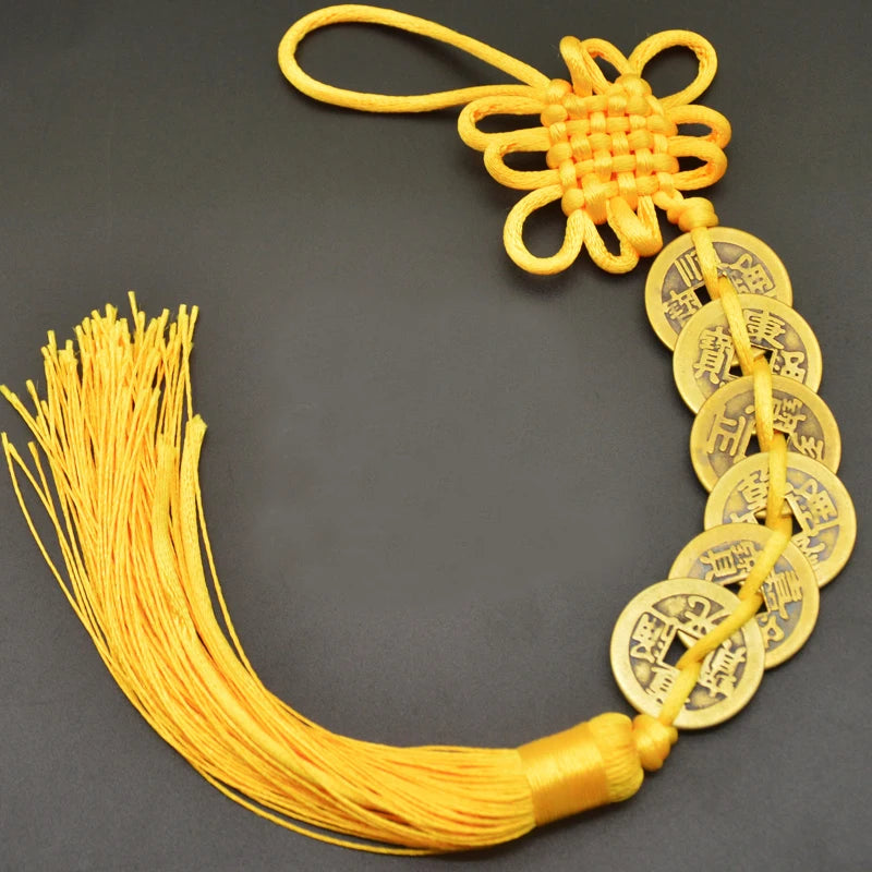 Red Yellow Chinese Knot Feng Shui Money Wealth Success Copper Ancien Coins Lucky Charm Home Decoration Ten emperors Antique Fortune