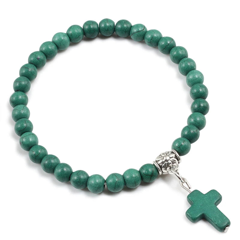 Prayer Bracelet 6MM Onyx Natural Stone Beads Religion Jesus Cross Pedant Bracelets Bangles for Men Women Yoga Friendship Jewelry