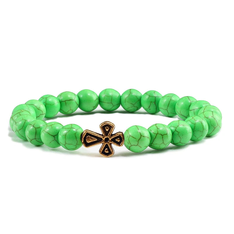 New Natural Stone Lava Beaded Bracelet for Men Women Alloy Christian Jesus Cross Bracelets Bangles Yoga Prayer Fashion Jewelry