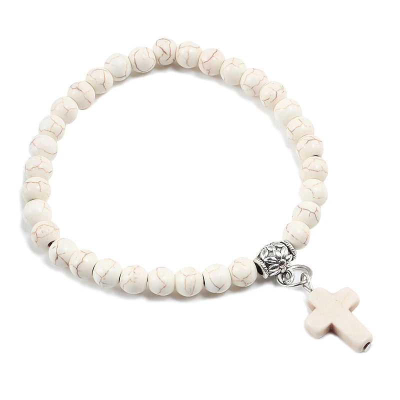 Prayer Bracelet 6MM Onyx Natural Stone Beads Religion Jesus Cross Pedant Bracelets Bangles for Men Women Yoga Friendship Jewelry