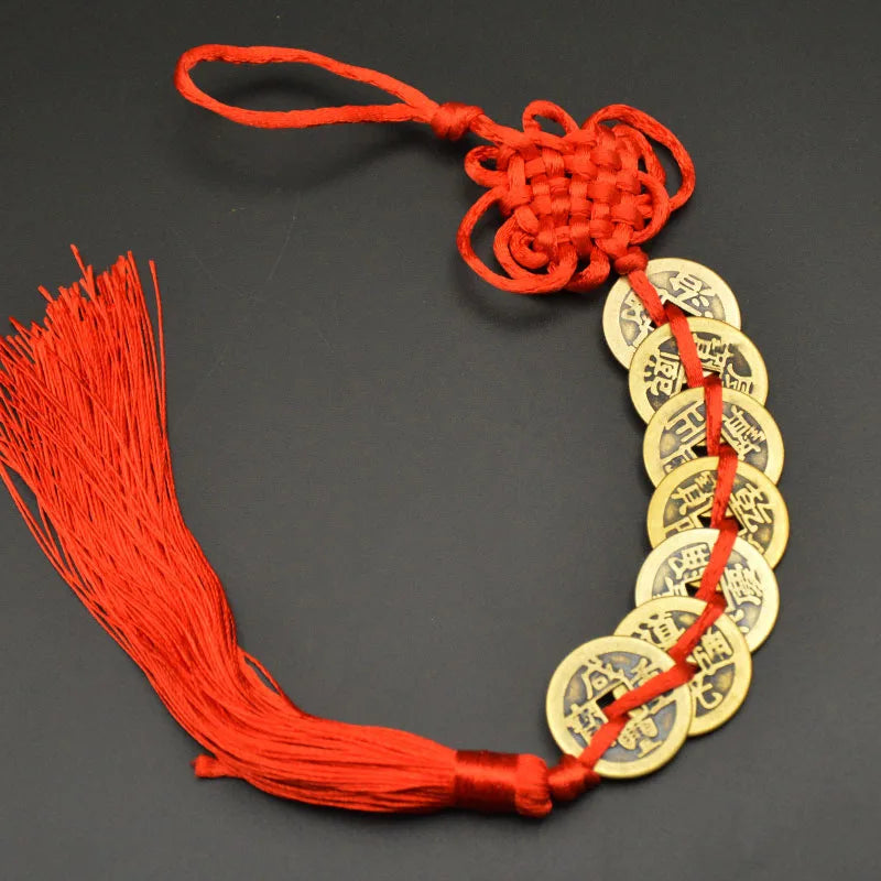 Red Yellow Chinese Knot Feng Shui Money Wealth Success Copper Ancien Coins Lucky Charm Home Decoration Ten emperors Antique Fortune