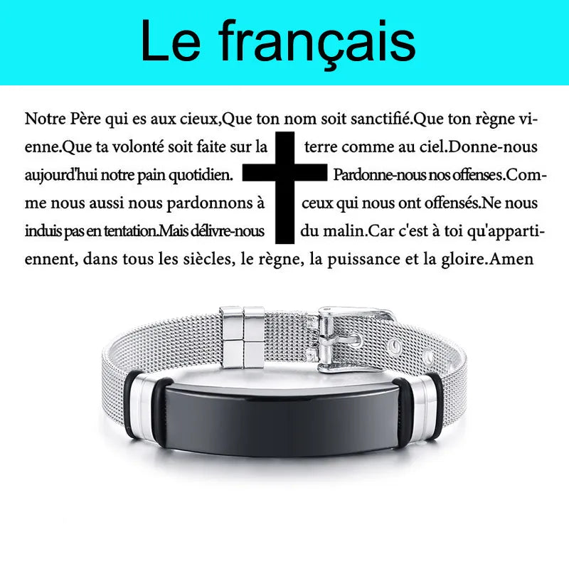 Laser Christian Lord's Prayer Cross Bracelet Men Russian Spanish Hebrew Personalized Gift