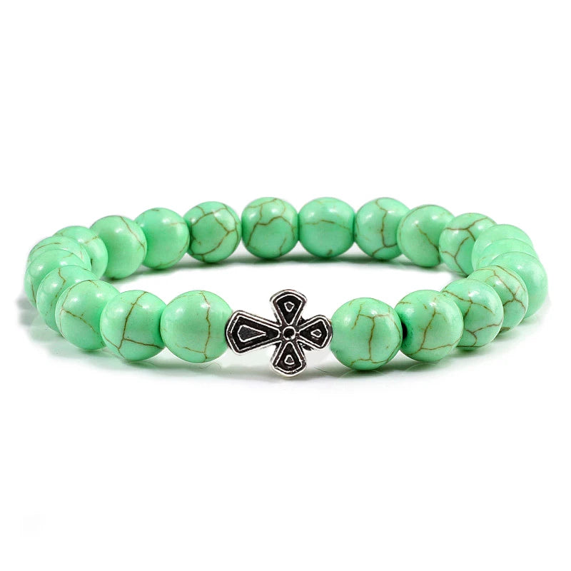 New Natural Stone Lava Beaded Bracelet for Men Women Alloy Christian Jesus Cross Bracelets Bangles Yoga Prayer Fashion Jewelry