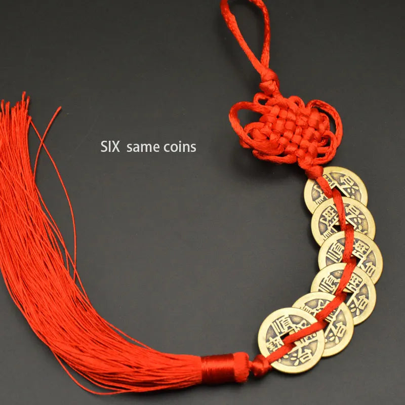 Red Yellow Chinese Knot Feng Shui Money Wealth Success Copper Ancien Coins Lucky Charm Home Decoration Ten emperors Antique Fortune