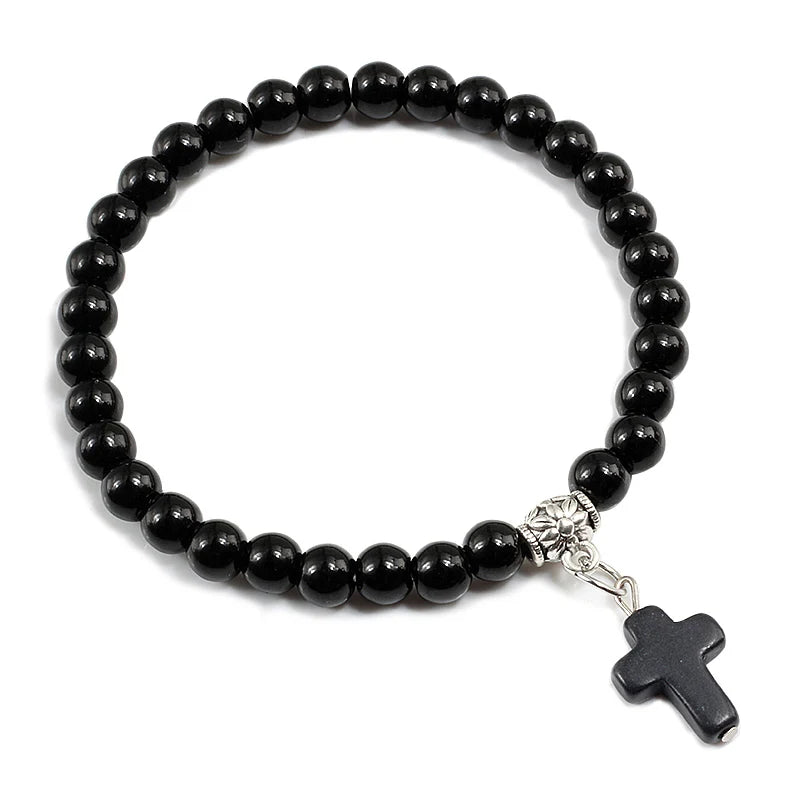 Prayer Bracelet 6MM Onyx Natural Stone Beads Religion Jesus Cross Pedant Bracelets Bangles for Men Women Yoga Friendship Jewelry