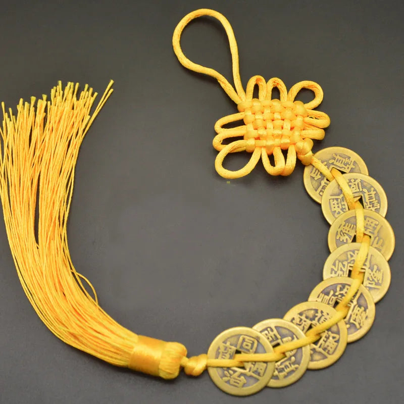 Red Yellow Chinese Knot Feng Shui Money Wealth Success Copper Ancien Coins Lucky Charm Home Decoration Ten emperors Antique Fortune