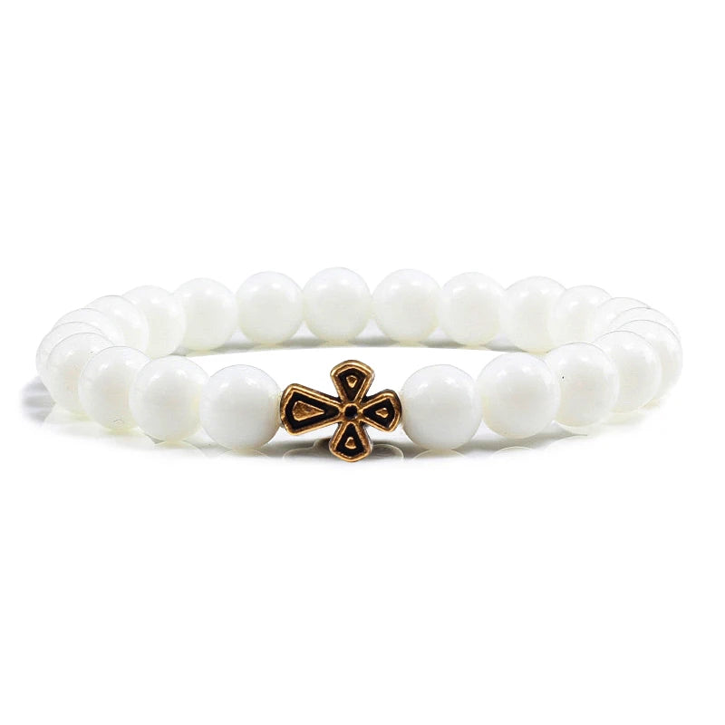 New Natural Stone Lava Beaded Bracelet for Men Women Alloy Christian Jesus Cross Bracelets Bangles Yoga Prayer Fashion Jewelry