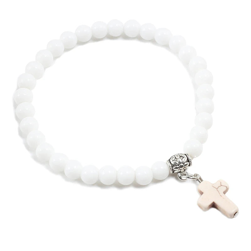 Prayer Bracelet 6MM Onyx Natural Stone Beads Religion Jesus Cross Pedant Bracelets Bangles for Men Women Yoga Friendship Jewelry