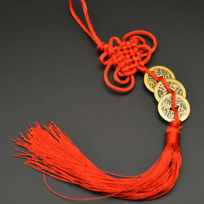 Red Yellow Chinese Knot Feng Shui Money Wealth Success Copper Ancien Coins Lucky Charm Home Decoration Ten emperors Antique Fortune
