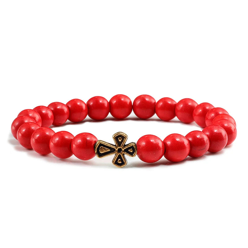New Natural Stone Lava Beaded Bracelet for Men Women Alloy Christian Jesus Cross Bracelets Bangles Yoga Prayer Fashion Jewelry
