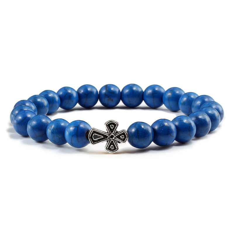 New Natural Stone Lava Beaded Bracelet for Men Women Alloy Christian Jesus Cross Bracelets Bangles Yoga Prayer Fashion Jewelry