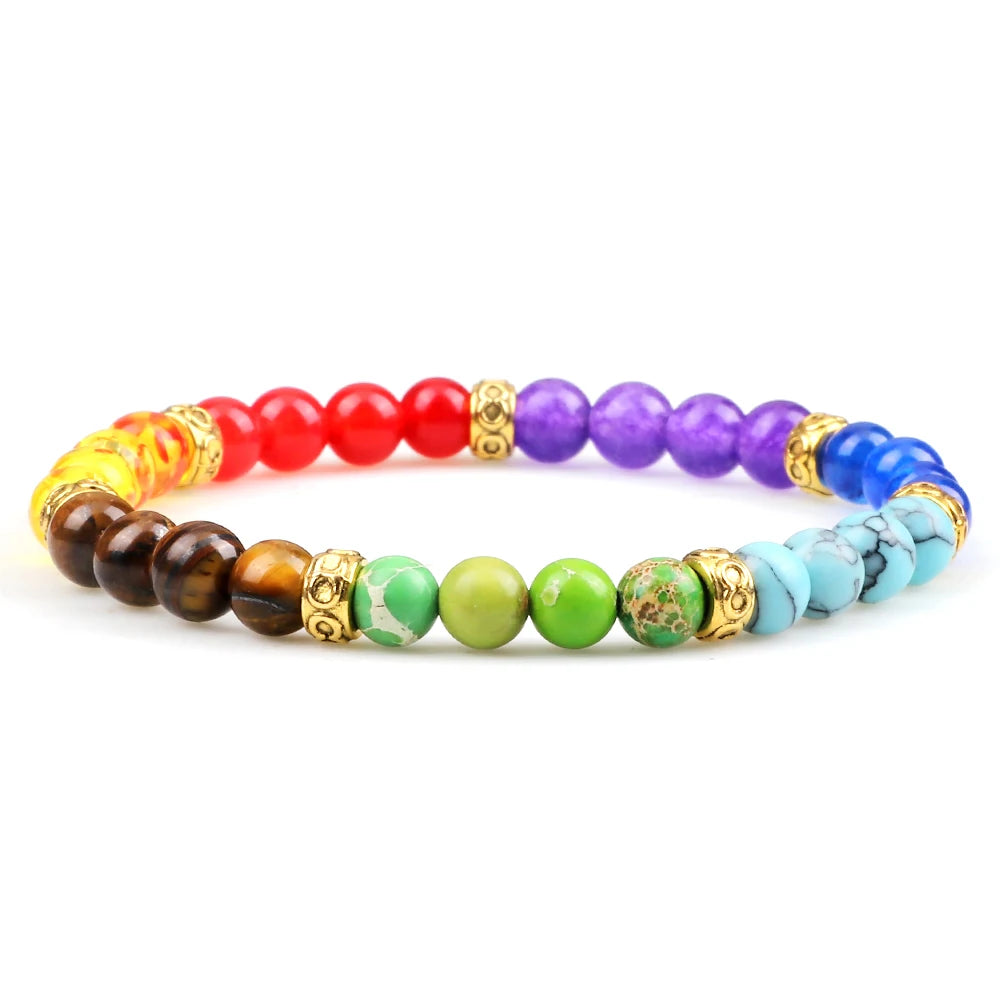 Minimalist 4 6MM 7 Chakra Natural Stone Bracelet Women Yoga Elastic Rope Bracelets Couple Adjustable Braided Bangles Jewelry New