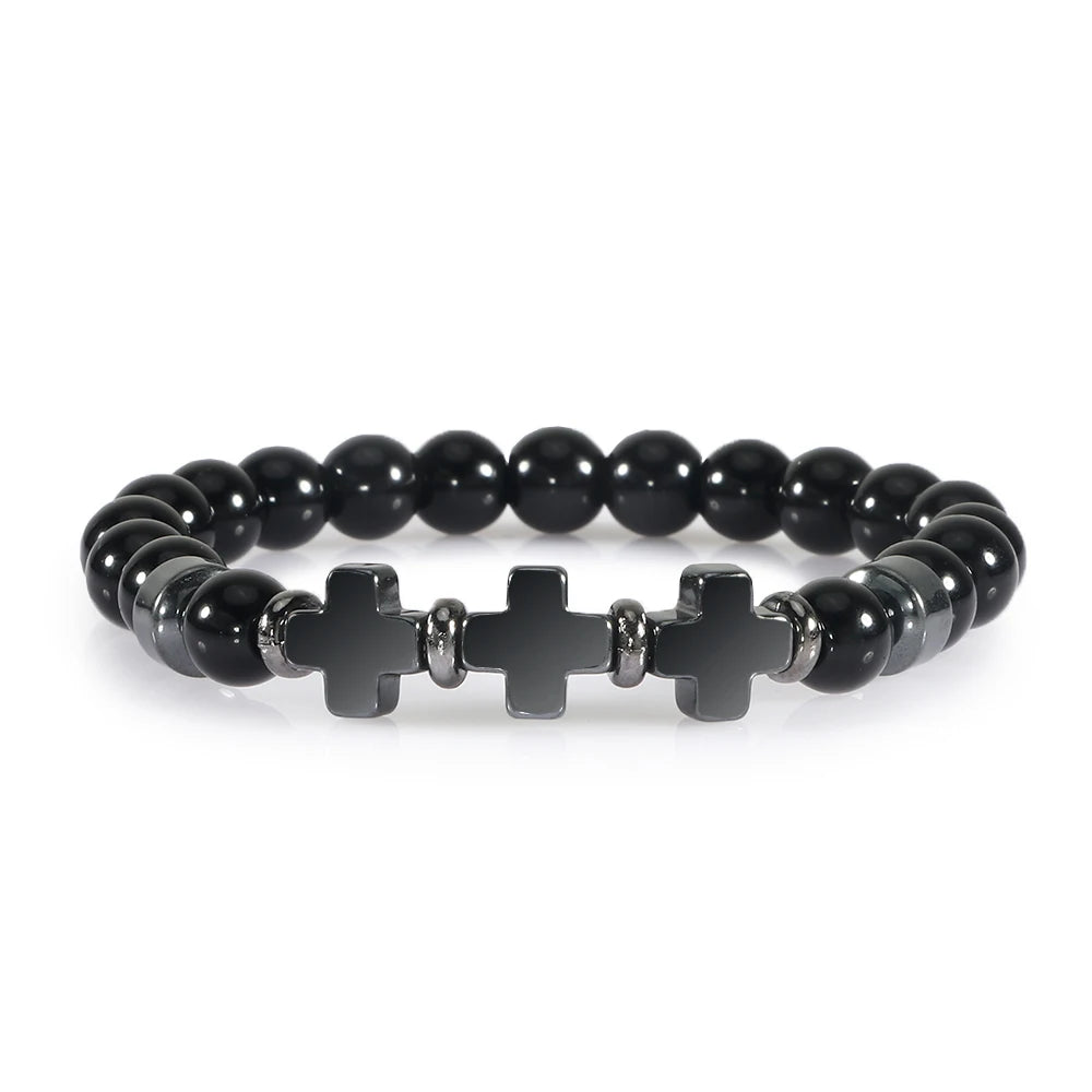 Prayer Men Women Bracelet Hematite Cross Rosary Natural Stone Beads Jesus Onyx Meditation Bracelets Bangles Jewelry Gift Pulsera