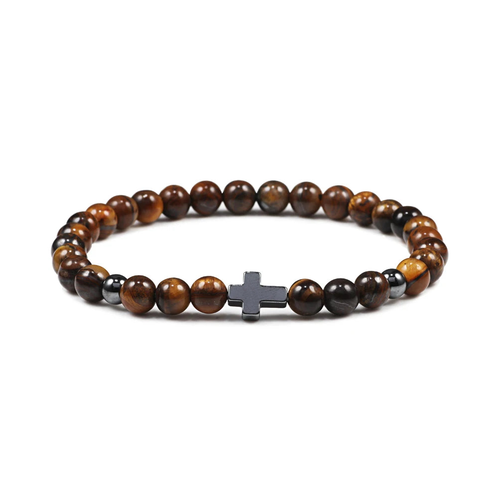 Prayer Men Women Bracelet Hematite Cross Rosary Natural Stone Beads Jesus Onyx Meditation Bracelets Bangles Jewelry Gift Pulsera