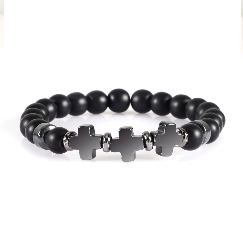 Prayer Men Women Bracelet Hematite Cross Rosary Natural Stone Beads Jesus Onyx Meditation Bracelets Bangles Jewelry Gift Pulsera