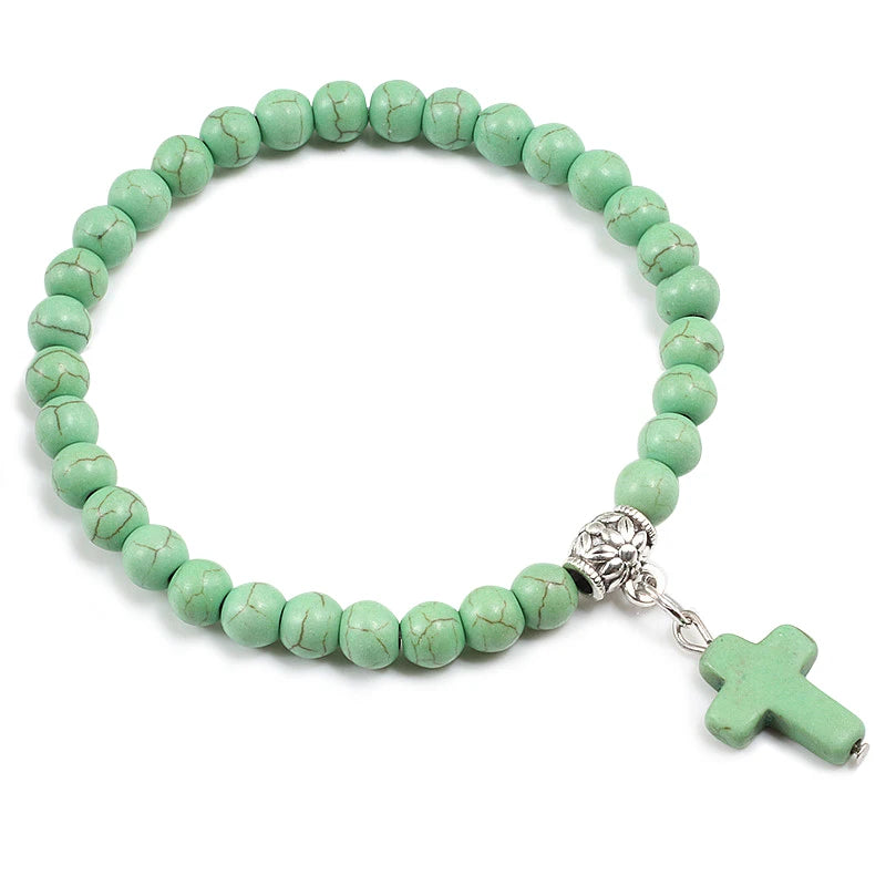 Prayer Bracelet 6MM Onyx Natural Stone Beads Religion Jesus Cross Pedant Bracelets Bangles for Men Women Yoga Friendship Jewelry