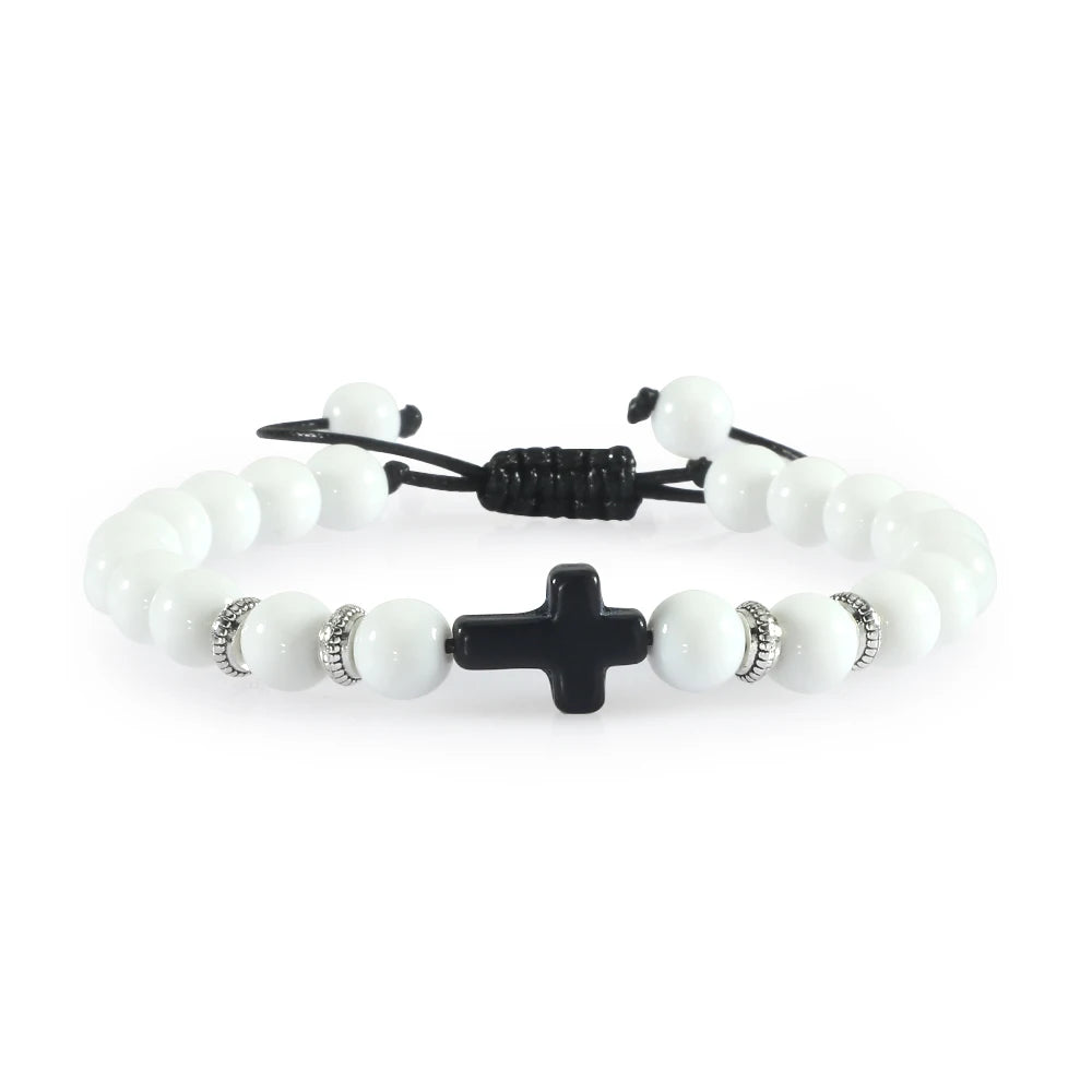 Prayer Men Women Bracelet Hematite Cross Rosary Natural Stone Beads Jesus Onyx Meditation Bracelets Bangles Jewelry Gift Pulsera