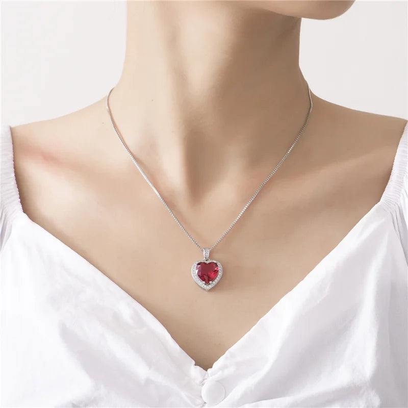 Bright Crystal Red Heart Pendant Necklace For Lady Engagement Accessories Trendy 925 Silver Necklace Choker Women Jewelry Gift