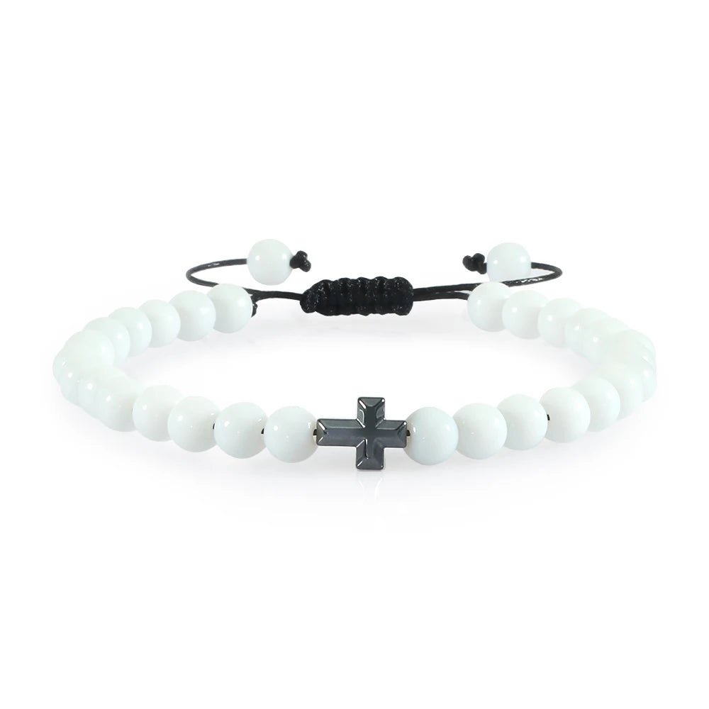 Charm 6mm Natural Stone Beads Braided Bracelet Prayer Men Women Christian Jesus Bless Cross Bracelets Bangles Friendship Jewelry