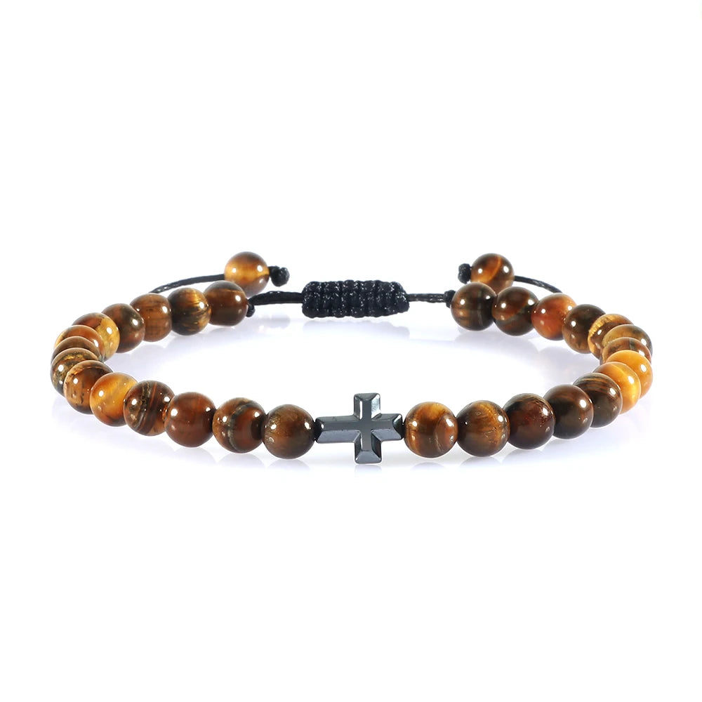 Charm 6mm Natural Stone Beads Braided Bracelet Prayer Men Women Christian Jesus Bless Cross Bracelets Bangles Friendship Jewelry