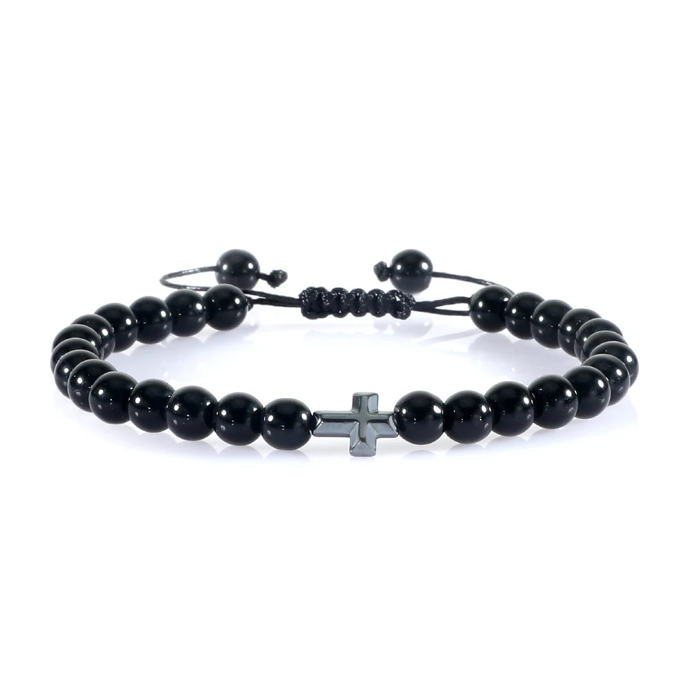 Charm 6mm Natural Stone Beads Braided Bracelet Prayer Men Women Christian Jesus Bless Cross Bracelets Bangles Friendship Jewelry