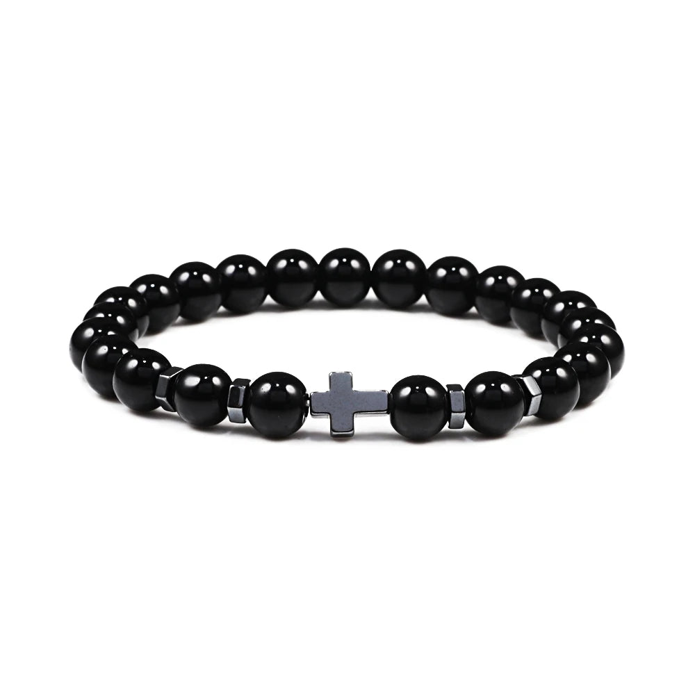 Prayer Men Women Bracelet Hematite Cross Rosary Natural Stone Beads Jesus Onyx Meditation Bracelets Bangles Jewelry Gift Pulsera