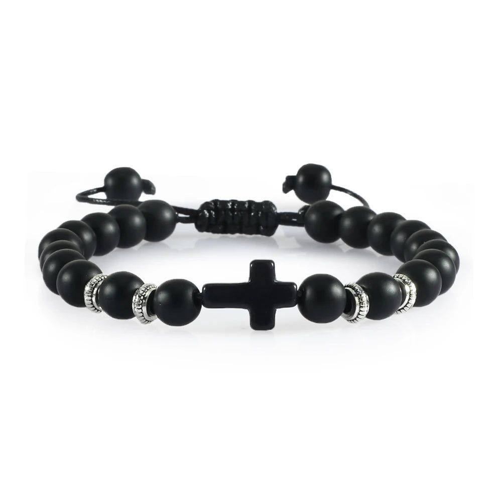 Prayer Men Women Bracelet Hematite Cross Rosary Natural Stone Beads Jesus Onyx Meditation Bracelets Bangles Jewelry Gift Pulsera