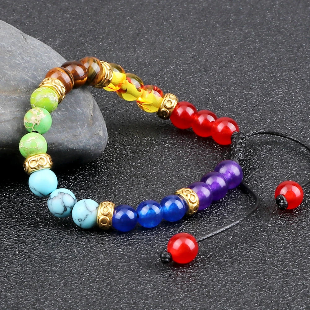 Minimalist 4 6MM 7 Chakra Natural Stone Bracelet Women Yoga Elastic Rope Bracelets Couple Adjustable Braided Bangles Jewelry New