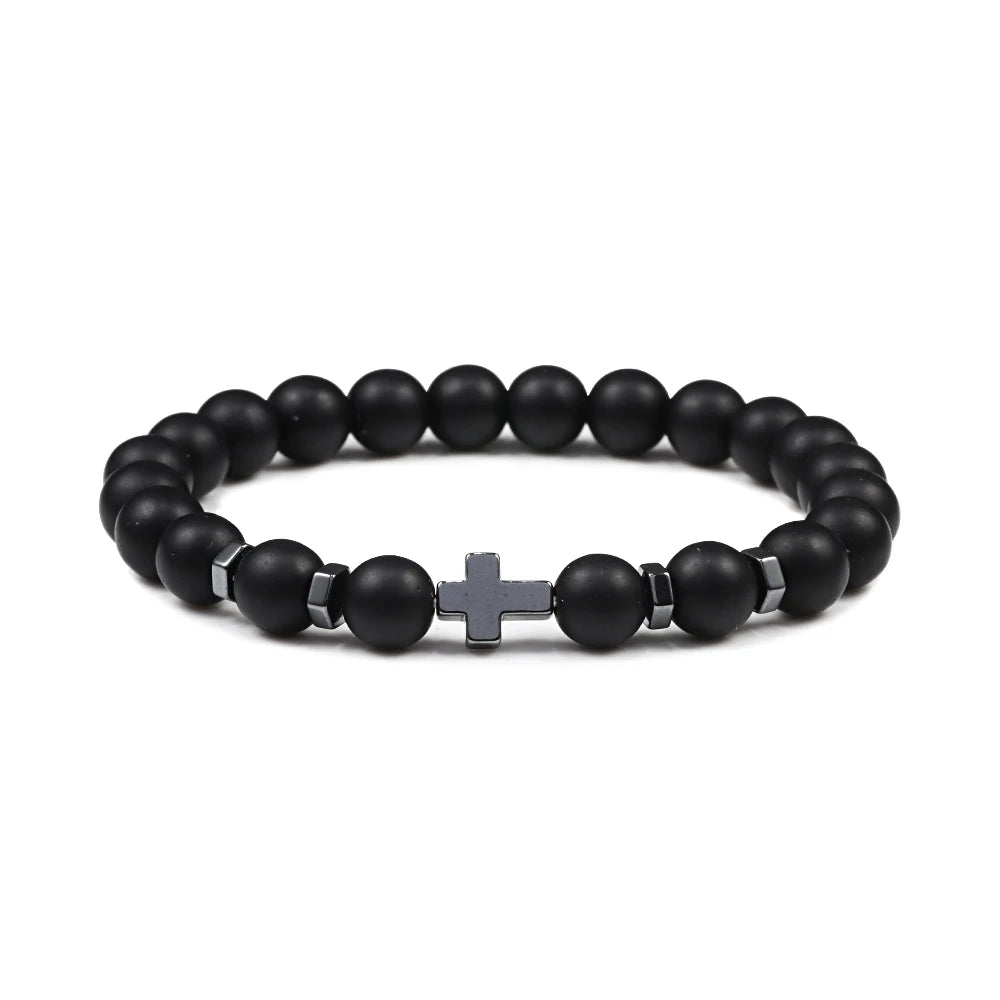 Prayer Men Women Bracelet Hematite Cross Rosary Natural Stone Beads Jesus Onyx Meditation Bracelets Bangles Jewelry Gift Pulsera