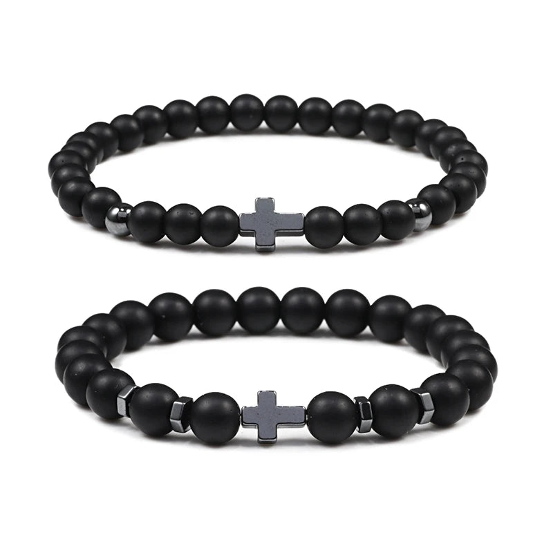 Natural Lava Stone Bead Bracelet Men Prayer Meditation Hematite Cross Jesus Thin Couple Bangles Pulsera Jewelry Gifts for Friend