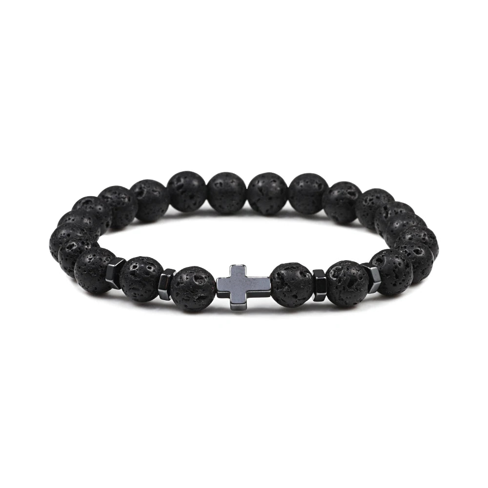 Natural Lava Stone Bead Bracelet Men Prayer Meditation Hematite Cross Jesus Thin Couple Bangles Pulsera Jewelry Gifts for Friend