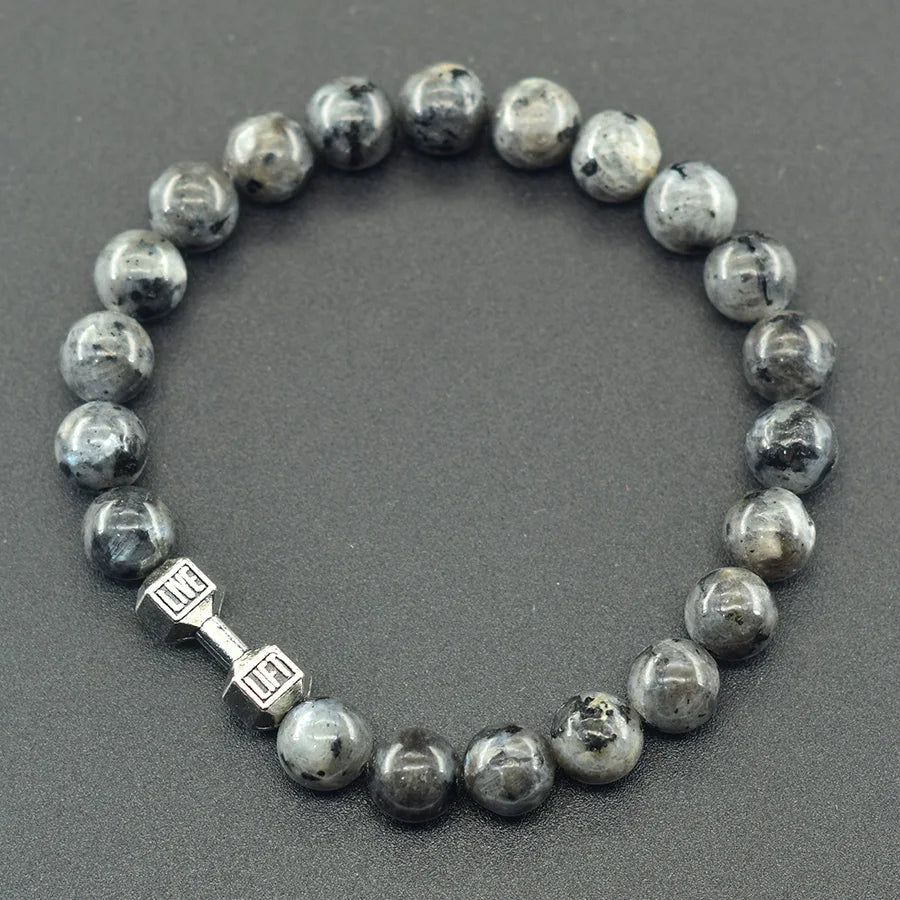 Natural Volcanic Stone Bracelet Men Matte Black Lava Obsidian Beads Charm Dumbbell Strand Bracelet Women Barbell Fitness Jewelry