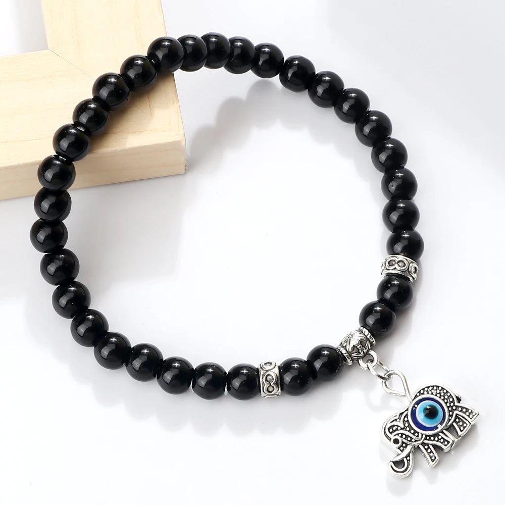 New 6MM Black Polish Beaded Bracelet Lucky Turkish Evil Eye Alloy Pendant Couple Bracelet&Bangles Chain Jewelry Gift for Friend