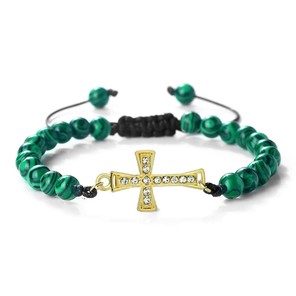 New Charm Jesus Cross Pendant Braided Bracelet 6mm Black Matte Malachite Couple Bracelet Women Men Healing Jewelry Gift