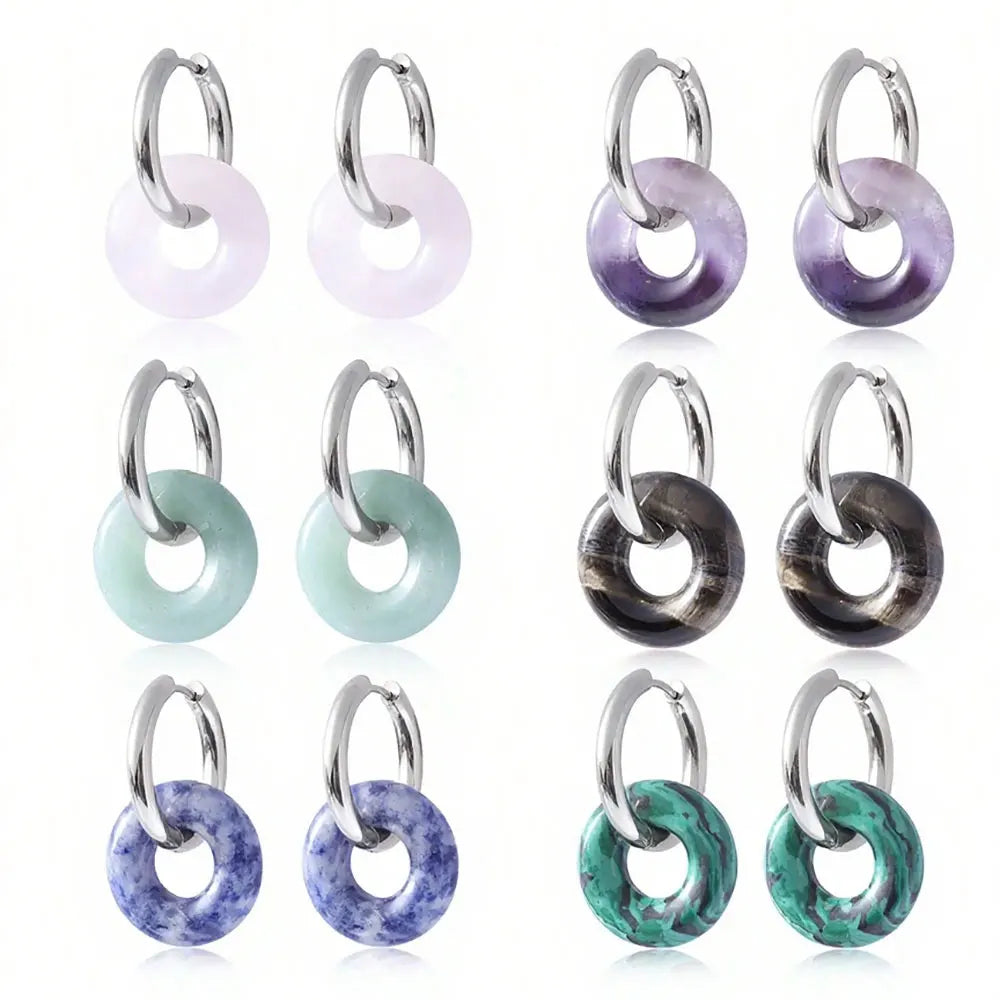 1pair Natural Stone Donut Shaped Stainless Steel Hoop Earrings Ladies Fashion Pink Crystal Agate Malachite Round Women Earrings
