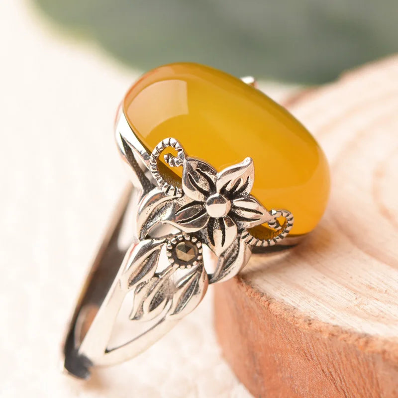 Vintage Jade Egg-shaped Ring Female Index Finger Accessories Temperament Flower Ring Women Jewelry Adjustable