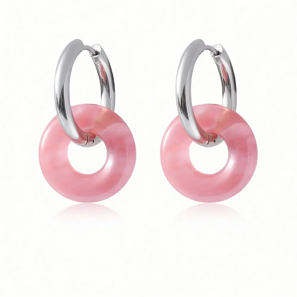 1pair Natural Stone Donut Shaped Stainless Steel Hoop Earrings Ladies Fashion Pink Crystal Agate Malachite Round Women Earrings