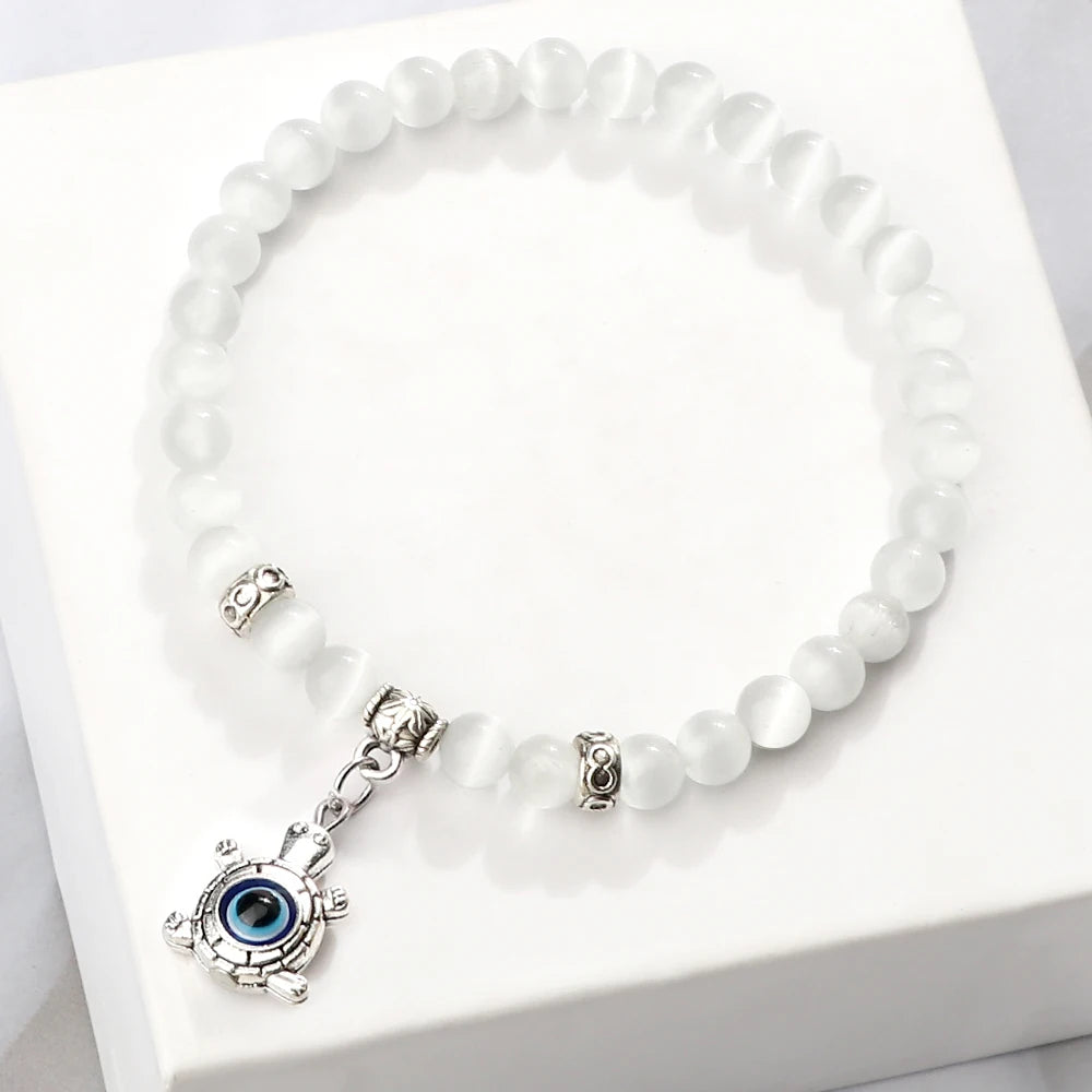 New Charm 6MM White Cat Eye Beaded Bracelet Turkish Evil Eye Butterfly Owl Turtle Pendant Bangles Chain Jewelry Gift for Friend