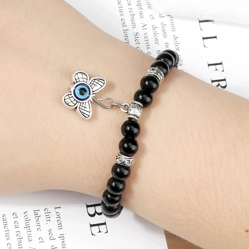 New 6MM Black Polish Beaded Bracelet Lucky Turkish Evil Eye Alloy Pendant Couple Bracelet&Bangles Chain Jewelry Gift for Friend