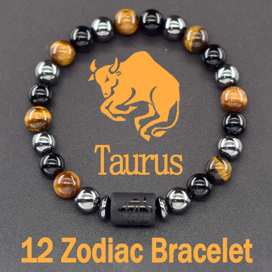 12 Zodiac Sign Bracelet Homme Constellation Bangle Natural Yellow Tiger Eye Stone Hematite Cancer Virgo Leo Libra Bracelet Women