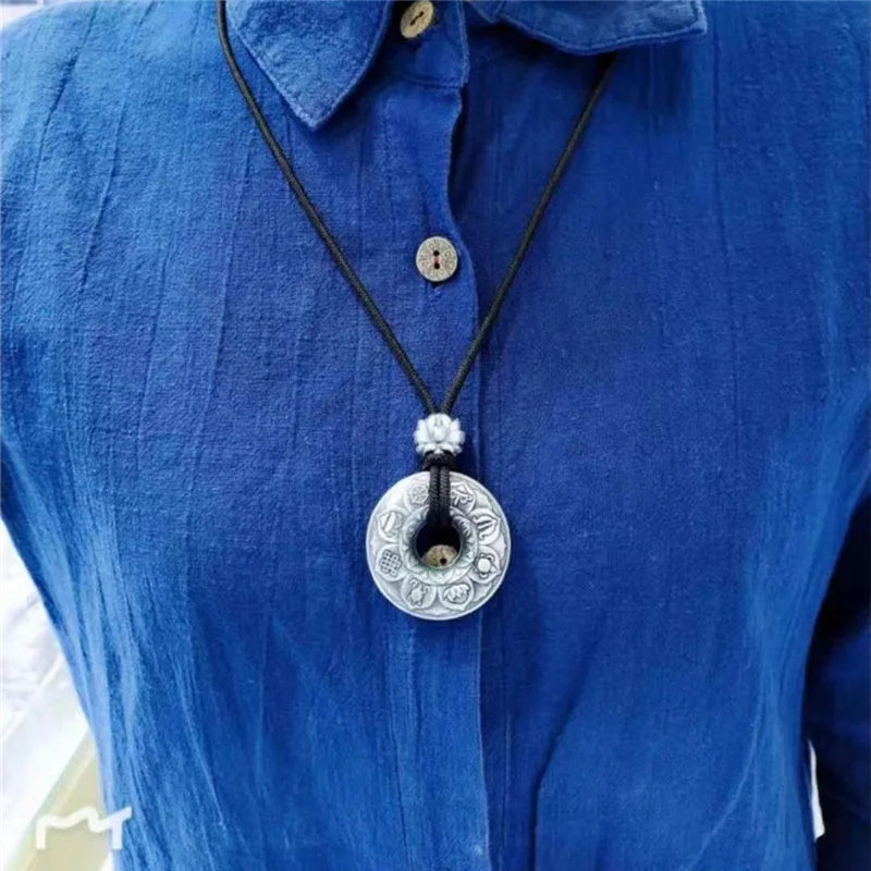 Silver Retro Lotus Buddha Sutra Six-character Mantra Pendant Necklace For Men Women Jewelry Ethnic Black Rope Male Necklace Amulet Gift