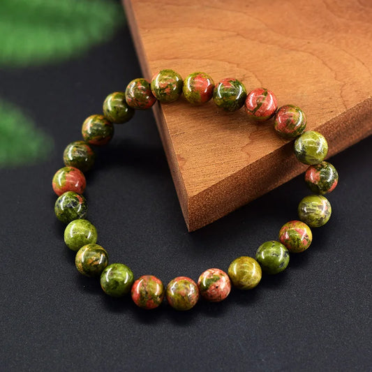 Original Natural Unakite Stone Beads Bracelet Women Men Hualubao Green Gemstone Bohemia Style Elastic Rope Bracelet Jewelry Gift