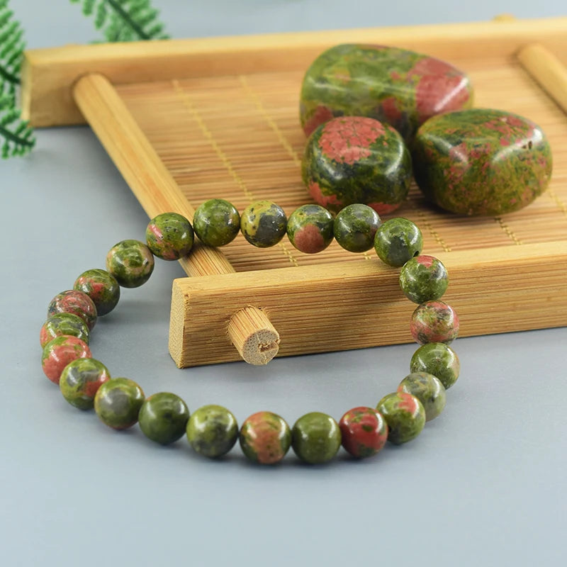 Natural Unakite Jasper Stone Real Crystal Quartz Bead Bracelet for Women Men Round Shape Pulsera Wristband Jewelry Birthday Gift