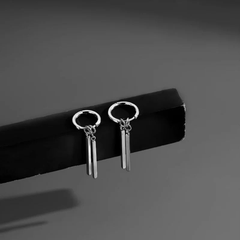 Trendy Men Earrings Minimalist Long Strip Double Stick 925 Sterling Silver Ear Buckle Male Cool Personality Dropping Earrings
