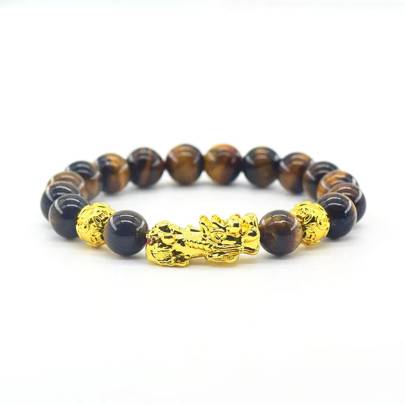 Pixiu Bracelet Feng Shui Wealth and Good Luck Bracelet Homme Wristband Gold Color Obisidian Stone Beads Black Six Character Gift