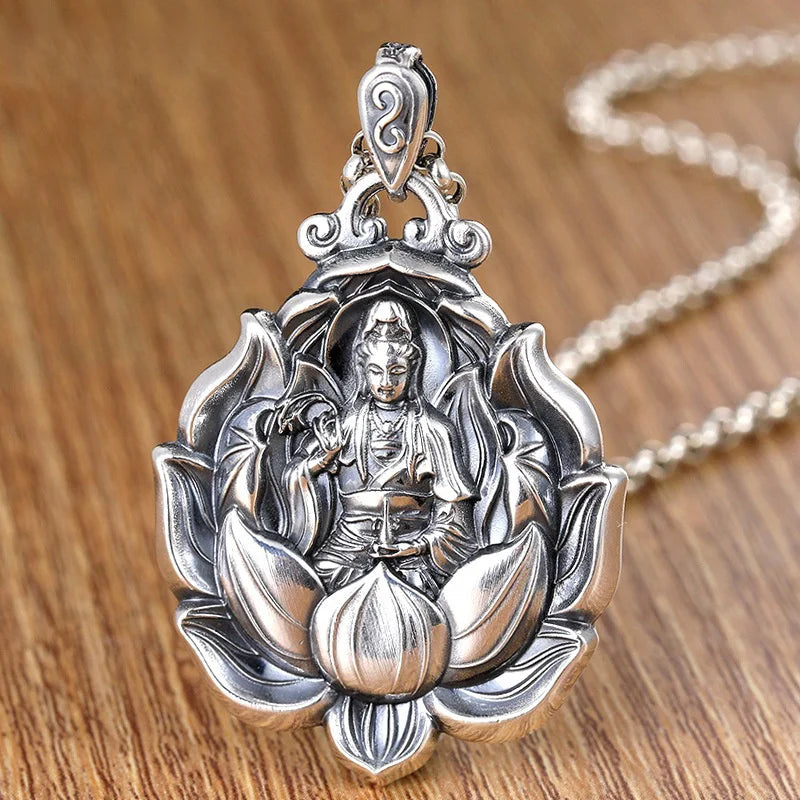 Retro Avalokitesvara Pendant Men Jewelry Maitreya Buddha Necklace Male Amulet Lotus Statue Necklaces Lady