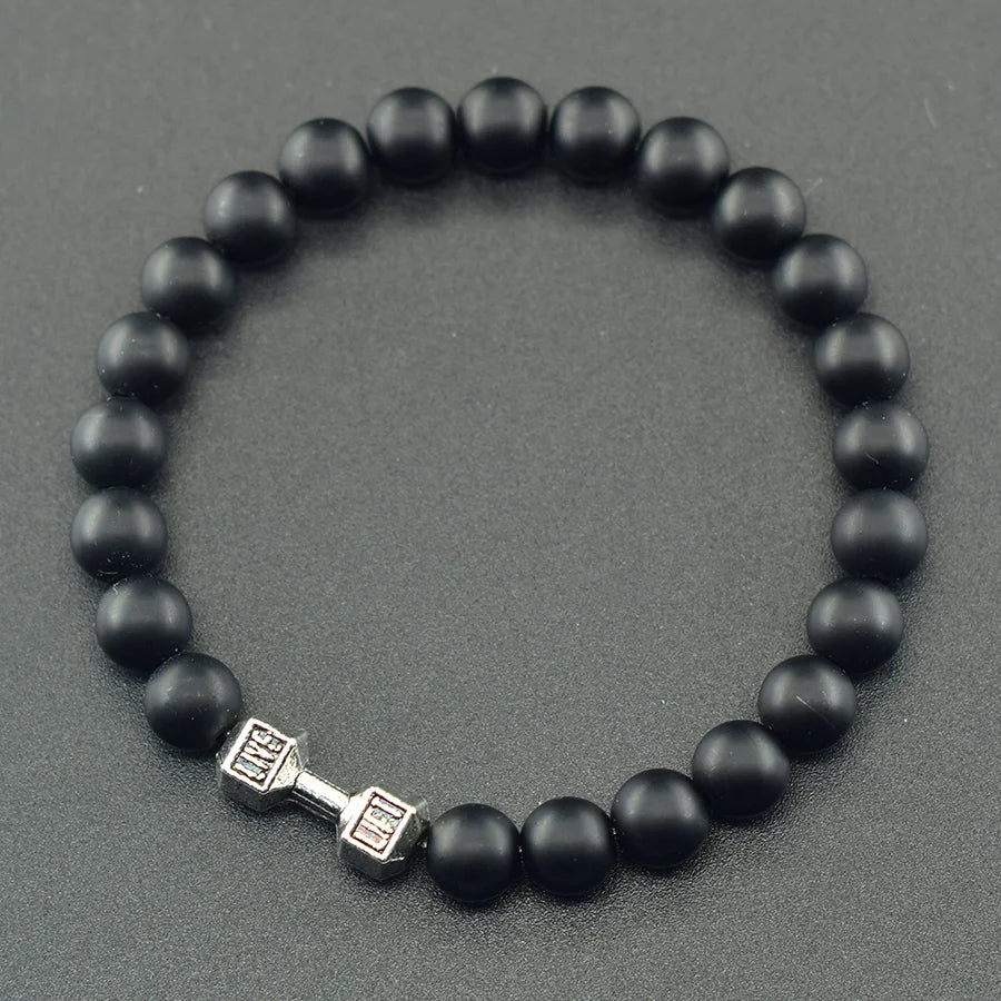 Natural Volcanic Stone Bracelet Men Matte Black Lava Obsidian Beads Charm Dumbbell Strand Bracelet Women Barbell Fitness Jewelry