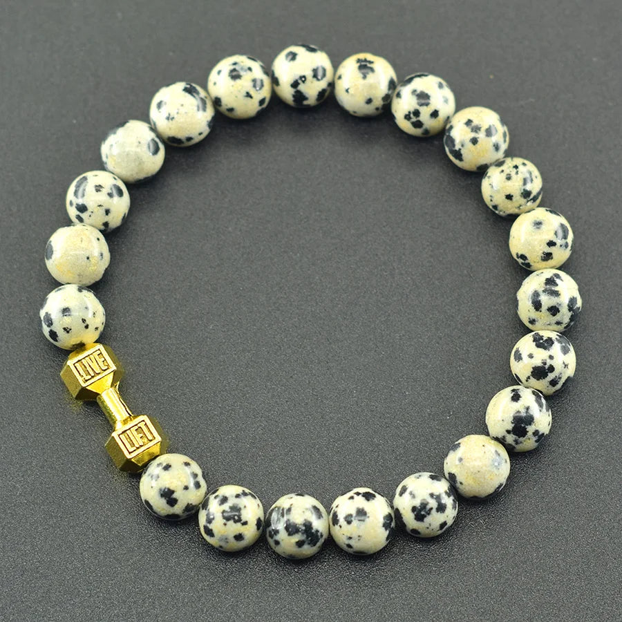 Natural Volcanic Stone Bracelet Men Matte Black Lava Obsidian Beads Charm Dumbbell Strand Bracelet Women Barbell Fitness Jewelry