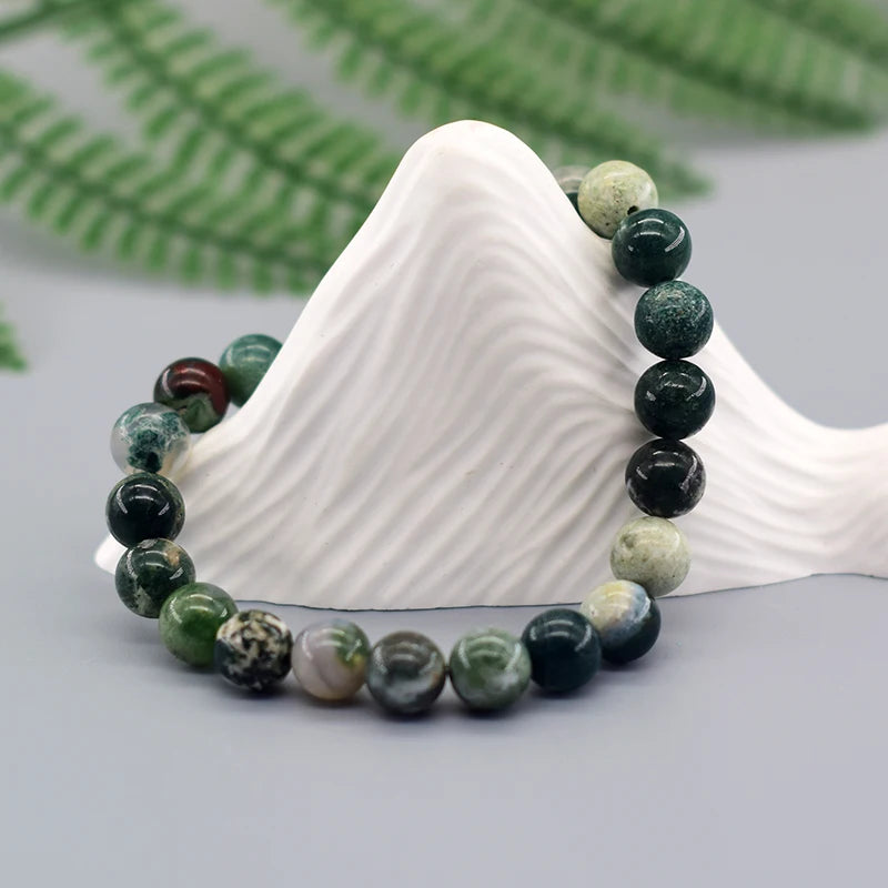 Real Natural Tree Patterned Agate Stone Beaded Bracelet Men Women Natural Lapis Lazuli Moss Agate Jade Energy Healing Jewelry