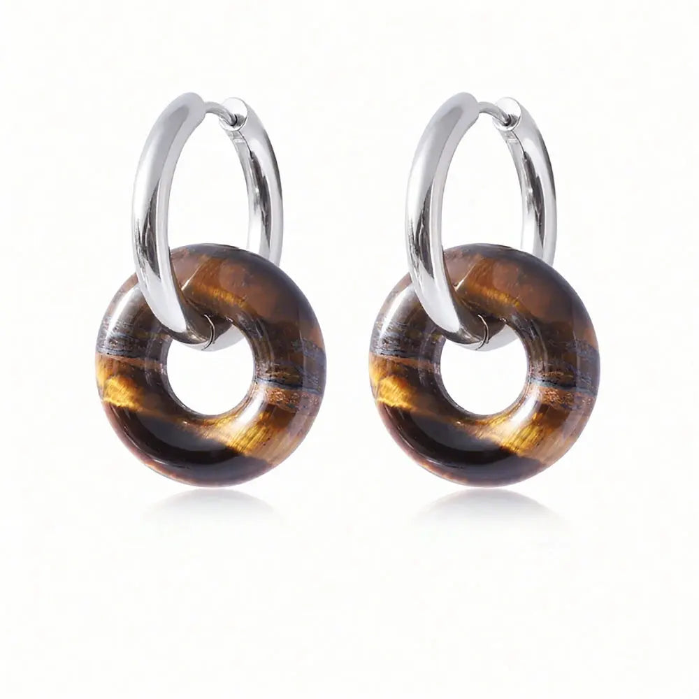 1pair Natural Stone Donut Shaped Stainless Steel Hoop Earrings Ladies Fashion Pink Crystal Agate Malachite Round Women Earrings